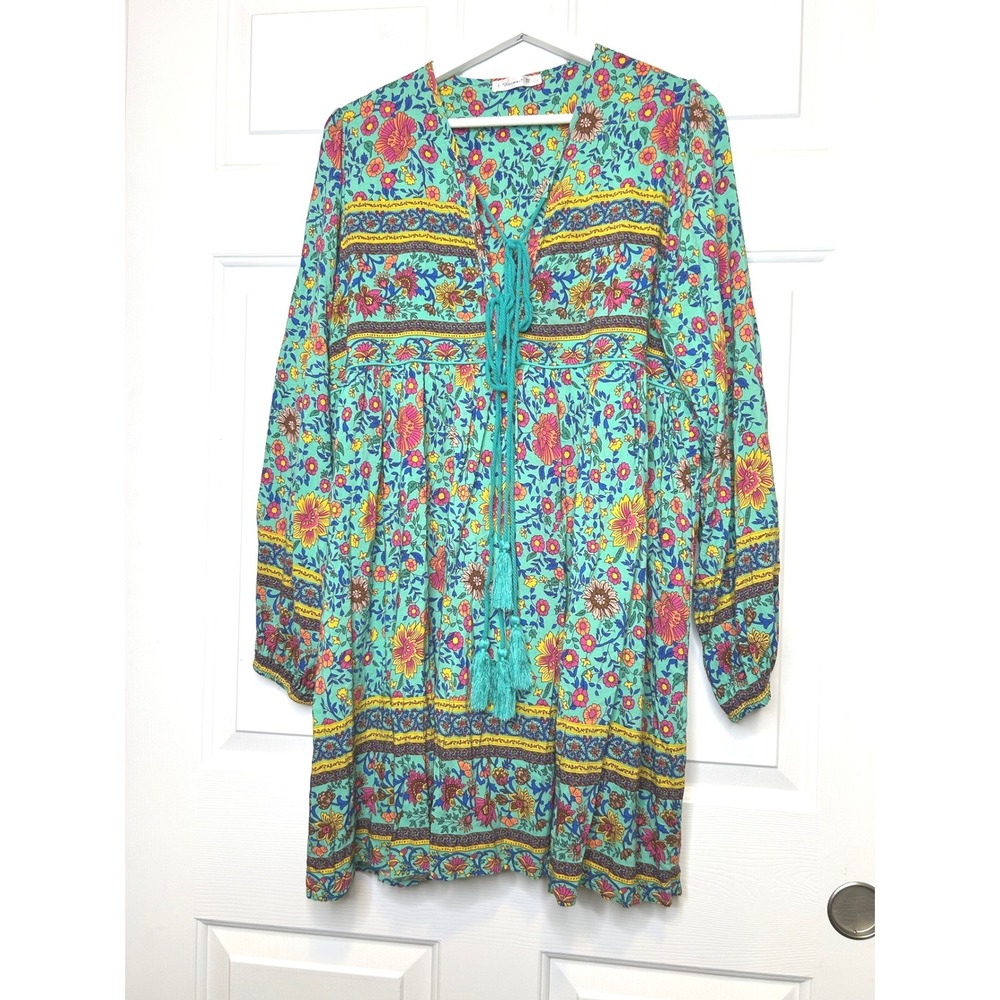 R.Vivimos Floral Mini Dress XL Turquoise Boho Tassel Babydoll